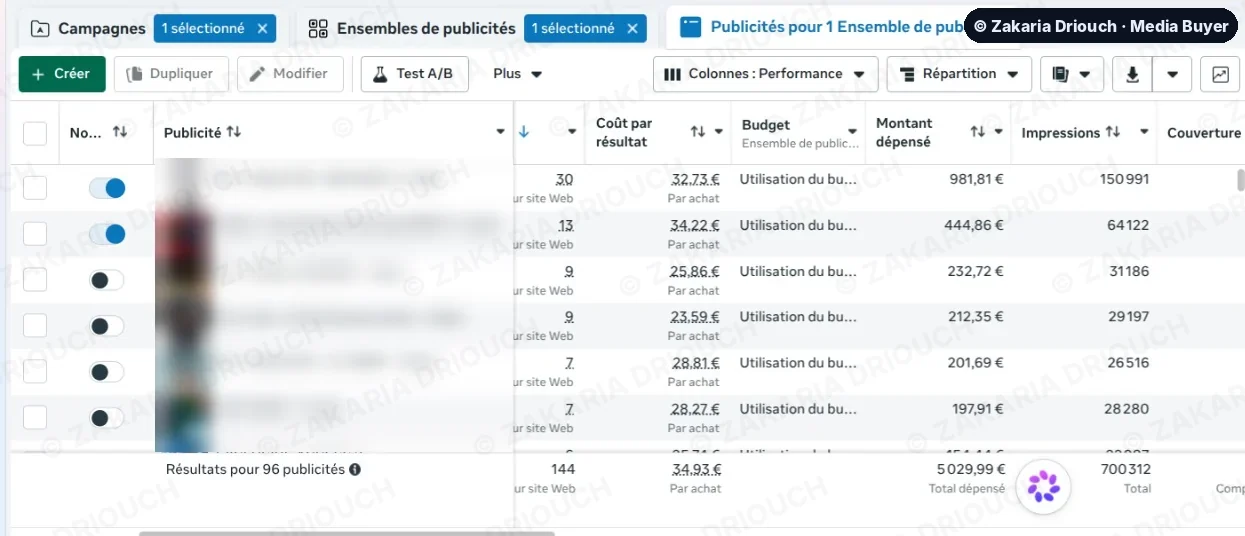 Meta ads view with cost per purchase, names and thumbnails masked