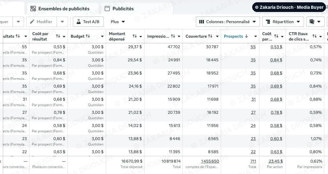 Meta Ads Manager lead ad sets: 711 leads, cost per lead from $0.53