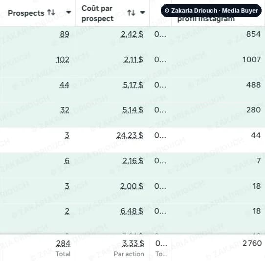 Leads and Instagram profile visits: 284 leads at $3.33, 2,760 visits