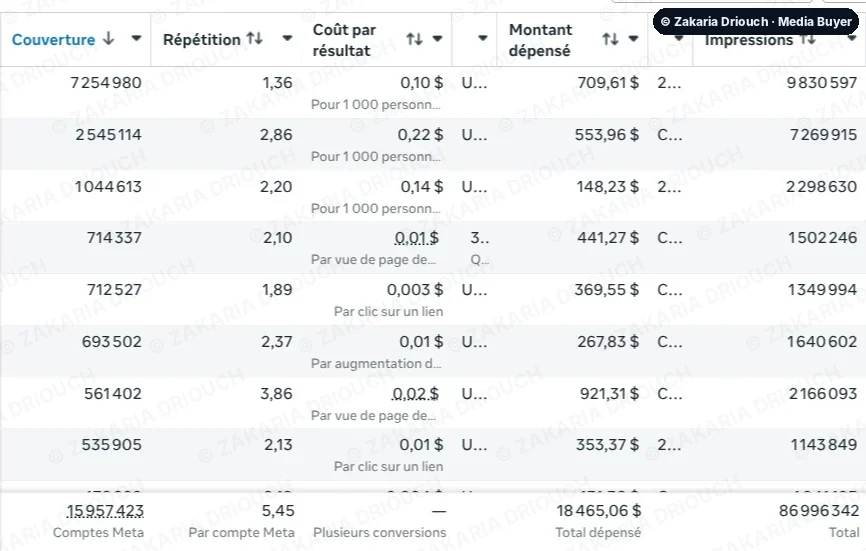 Reach table: 15,957,423 people reached, 86,996,342 impressions, $18,465 spent